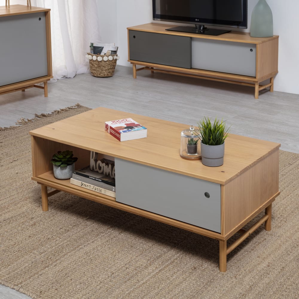 Table basse 1 porte coulissante 1 creux, bois massif, longueur 110 cm