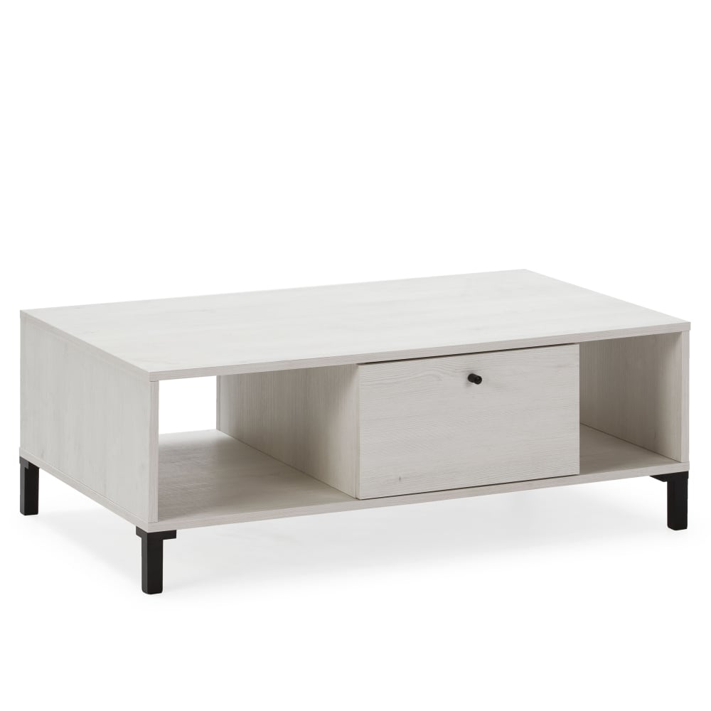 Mesa centro 1 cajón y 2 huecos, color blanco/madera, 100x60x37,5 cm