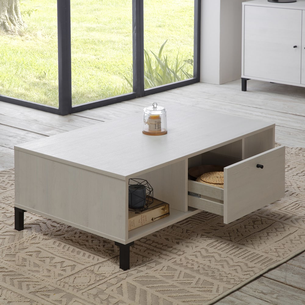 Mesa centro 1 cajón y 2 huecos, color blanco/madera, 100x60x37,5 cm - Maisons du Monde