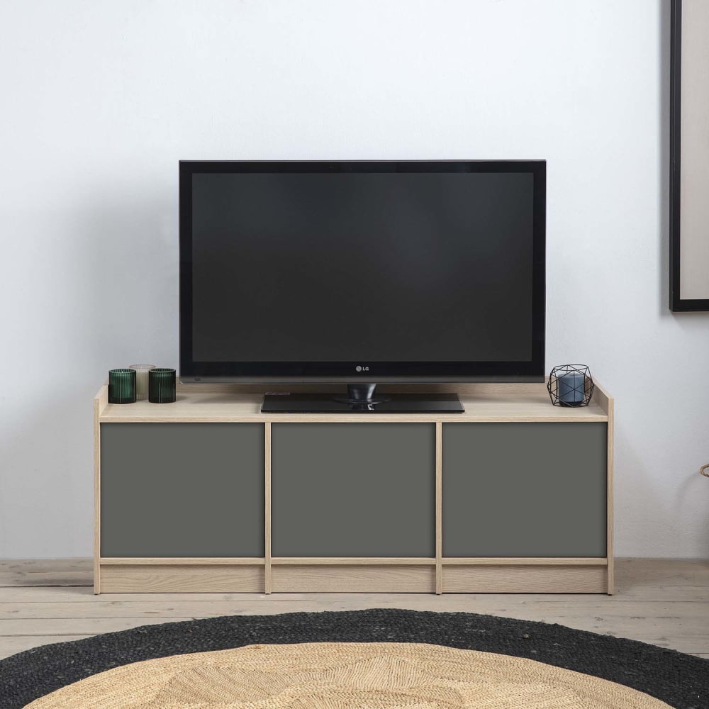 Meuble tv avec 3 portes, couleur chêne/gris, 139 cm longueur