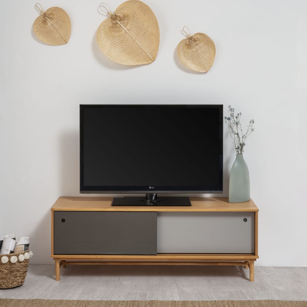 Meuble tv 2 portes coulissantes couleur gris, bois massif, 140 cm