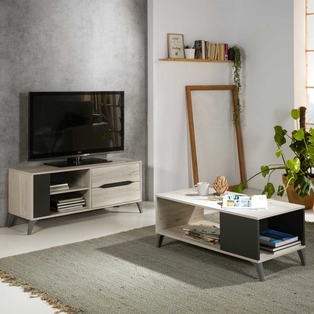 Meuble tv salle à manger couleur chêne/gris, 1 porte et 2 tiroirs