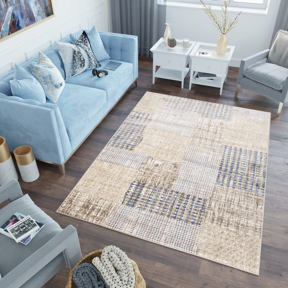 Tappeto soggiorno crema azzurro beige astratto 120x170 - Tapiso