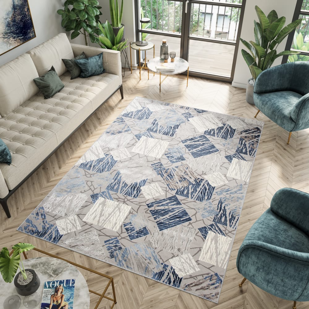 Tappeto salotto blu grigio crema astratto quadrati 120x170 -