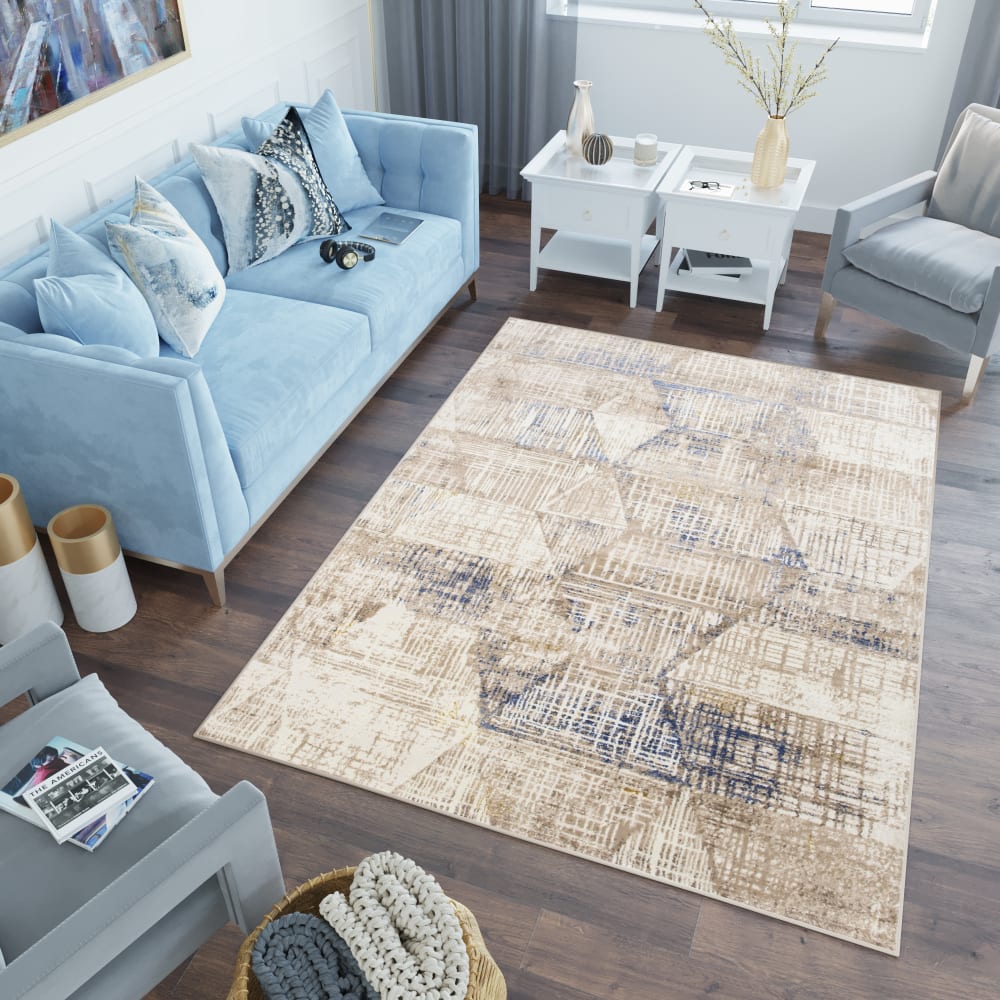 Tappeto salotto beige blu crema geometrico astratto 120x170 -