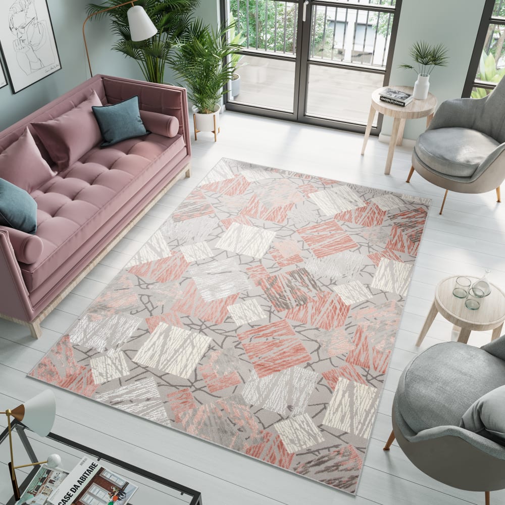 Tappeto salotto rosa salmone grigio astratto quadrati 300x400 -