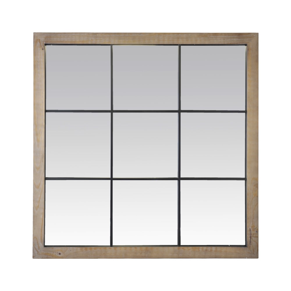 Miroir industriel carré bois effet fenêtre 9 vues 100x100cm marron