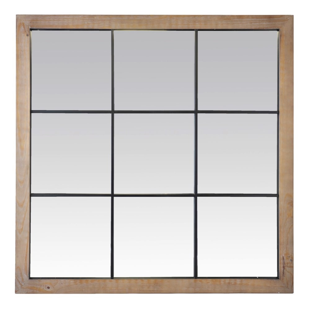 Miroir industriel carré bois effet fenêtre noir 9 vues 100x100cm