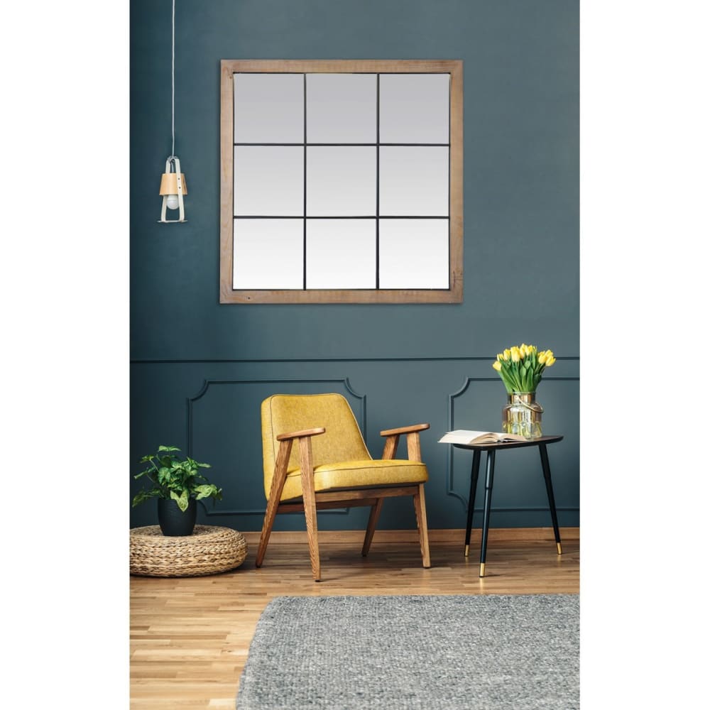 Miroir industriel carré bois effet fenêtre noir 9 vues 100x100cm