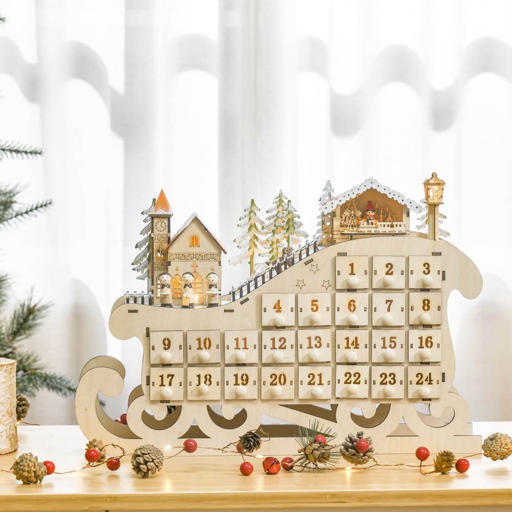 Calendrier de l'avent led traineau 10 lumières blanc chaud 24 tiroirs - Maisons du Monde