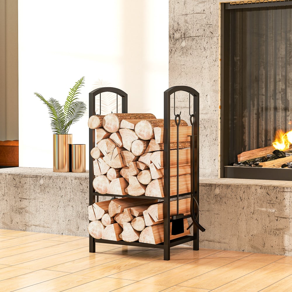 Outsunny Serviteur de cheminée range bûche 2 étagères 4 accessoires métal noir