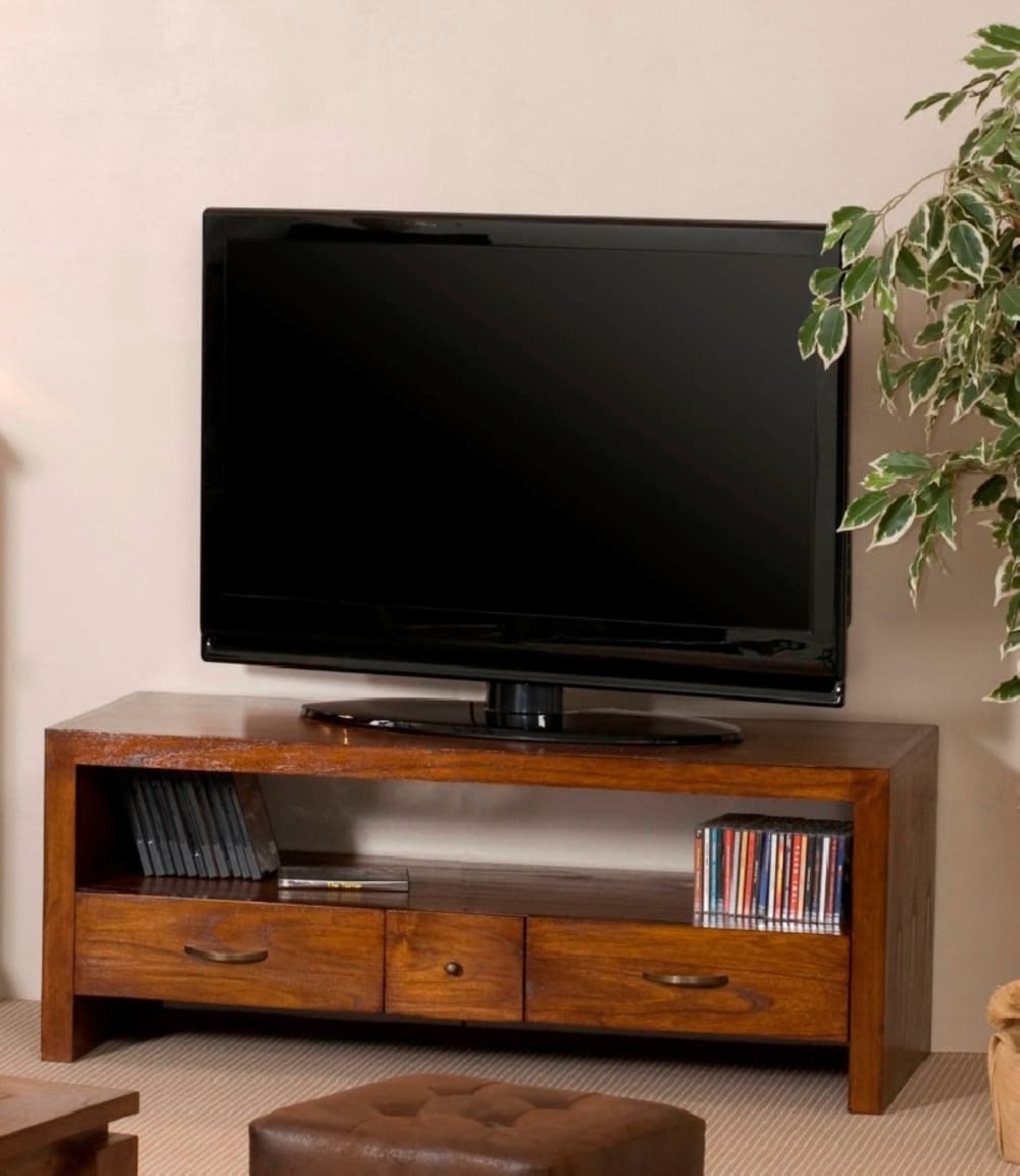 Meuble TV 2 grands tiroirs 1 petit tiroir en mindi