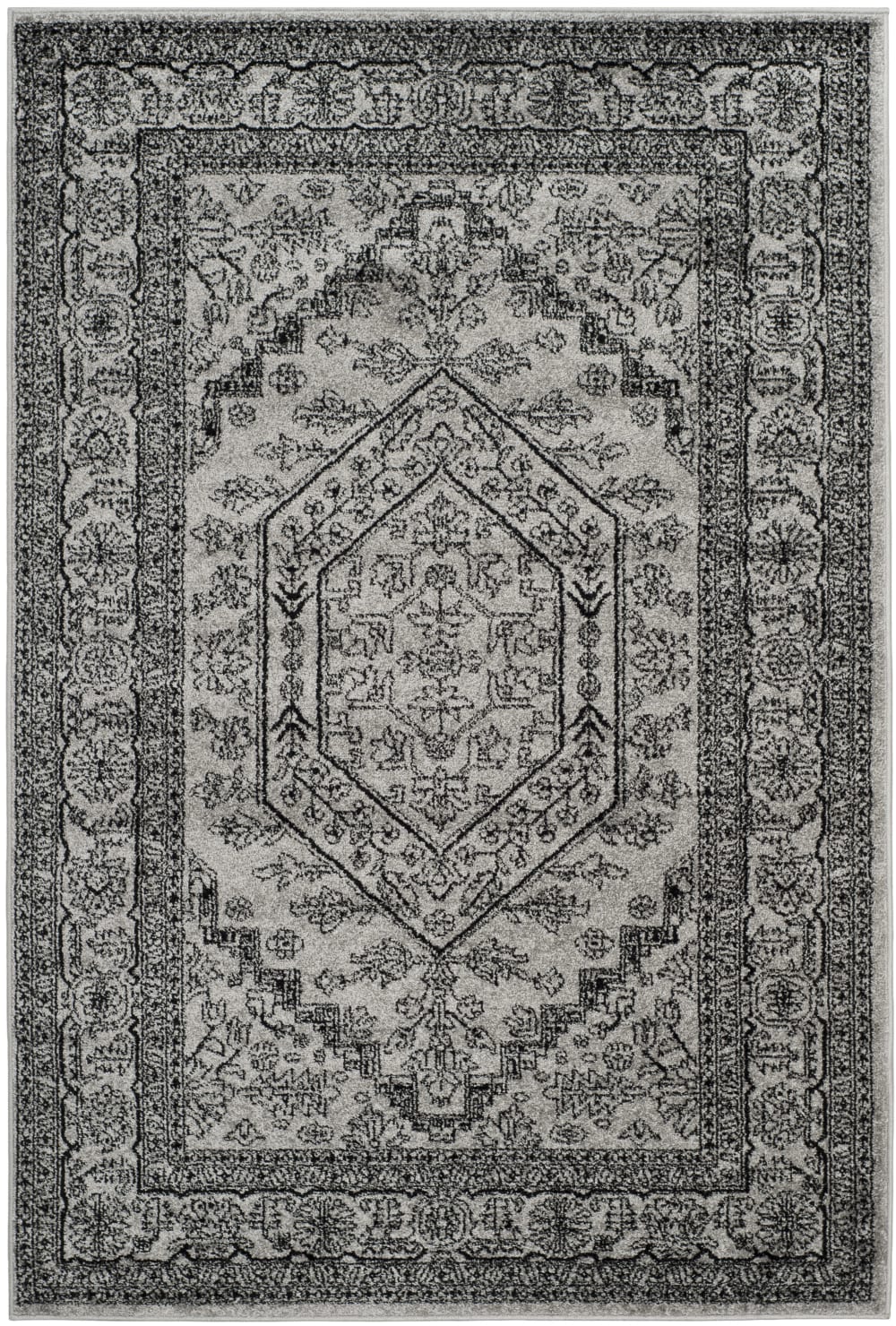 Tapis médaillon en polypropylène argent/noir, 122 x 183 cm