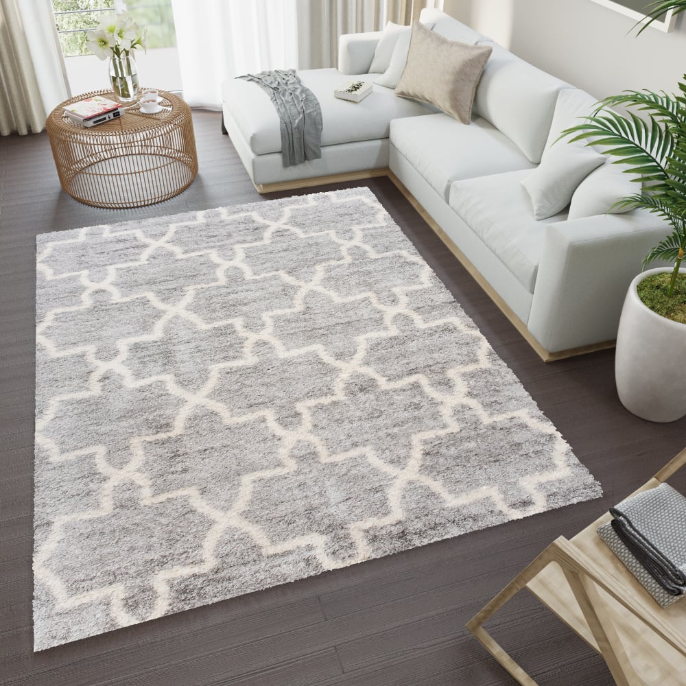 Alfombra de salón gris crema trébol marroquí shaggy 80 x 150 cm - Maisons du Monde
