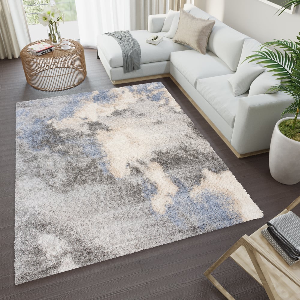 Tappeto salotto grigio azzurro astratto sfumato shaggy 80x150 -