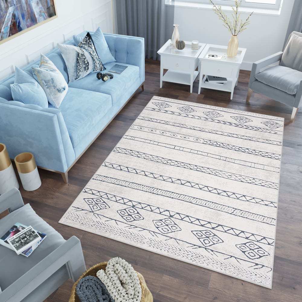 Alfombra de salón crema azul azteca efecto 3d suave 80 x 150 cm - Maisons du Monde