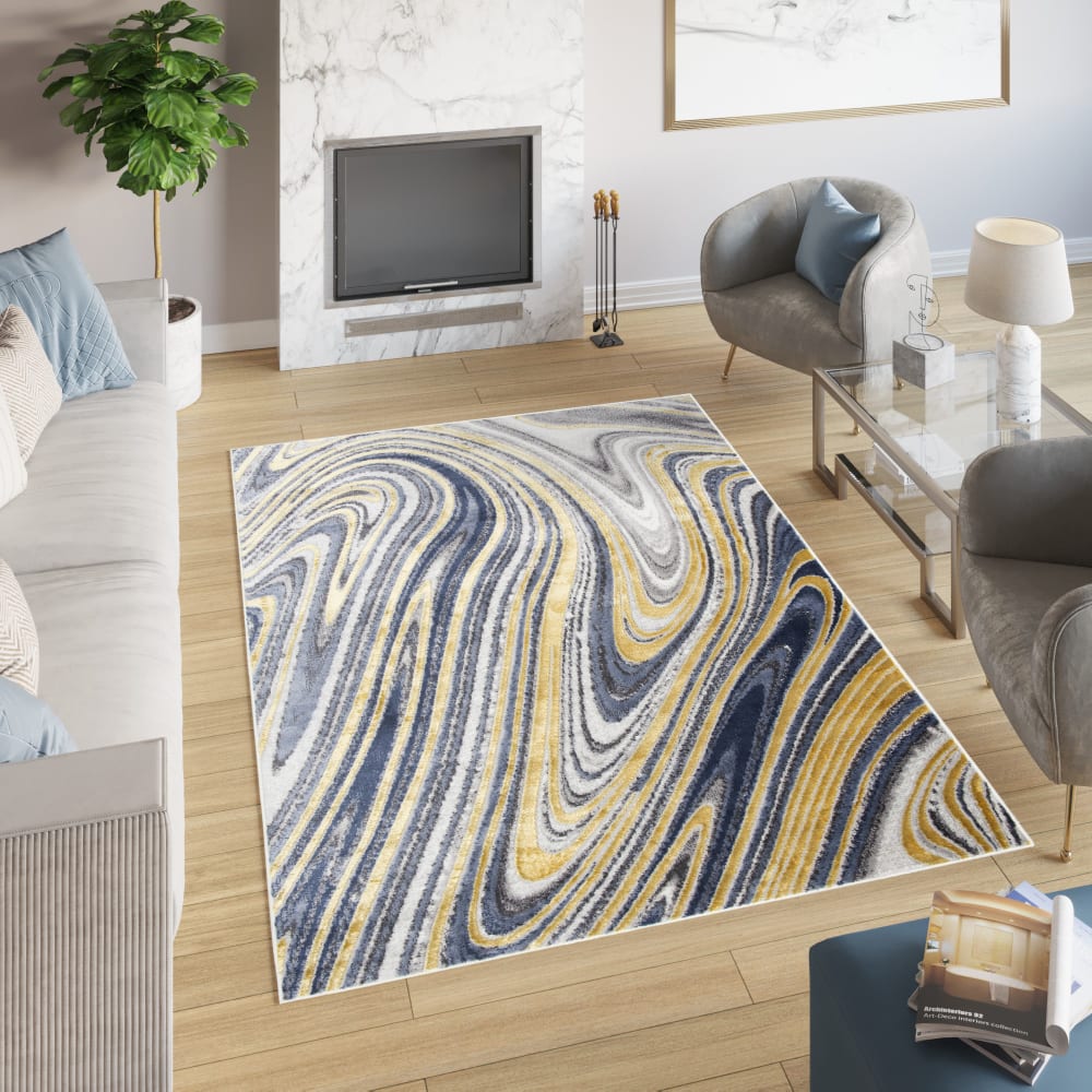 Tappeto salotto azzurro oro crema effetto marmo 120x170 - Tapiso