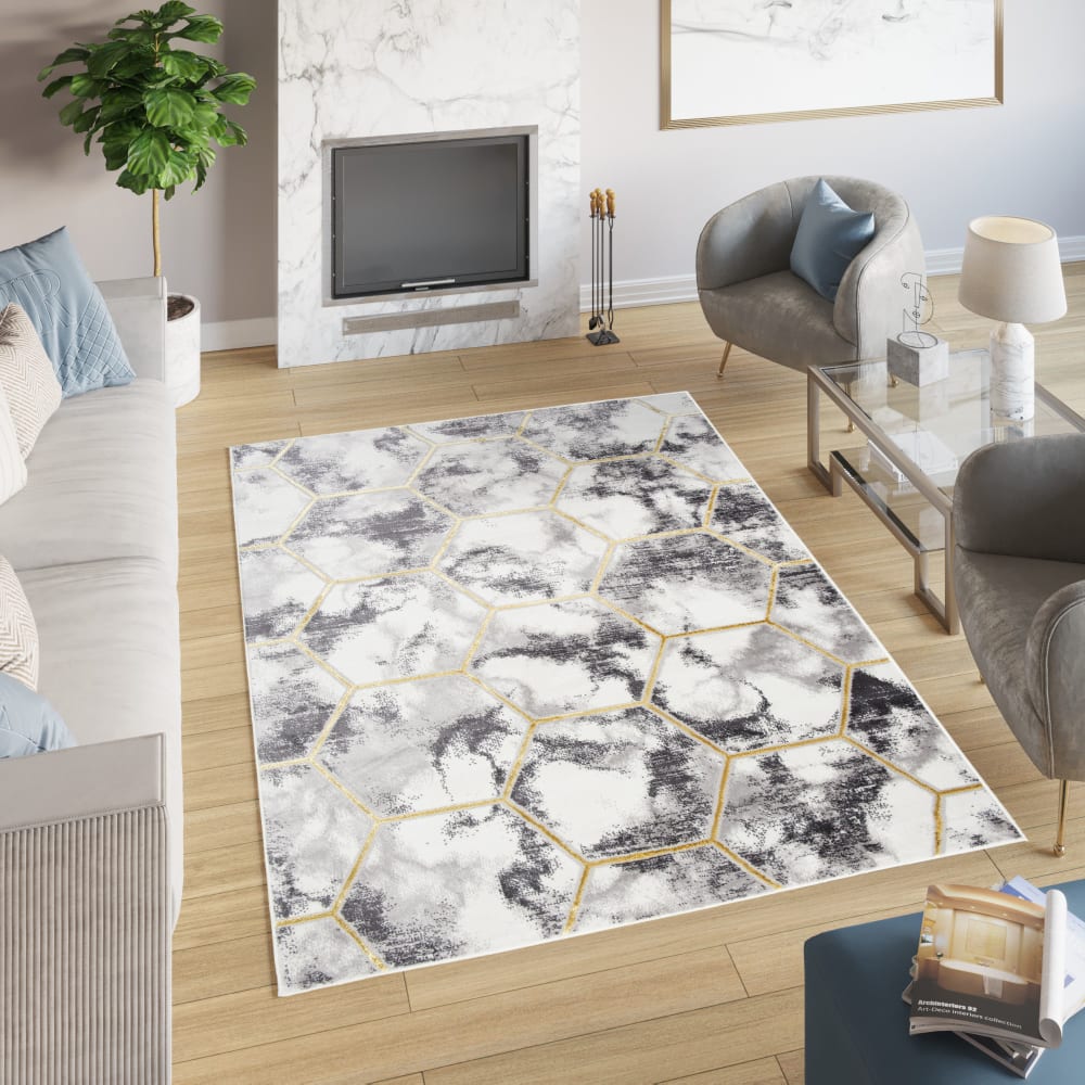 Alfombra de salón gris crema oro 140 x 200 cm - Maisons du Monde