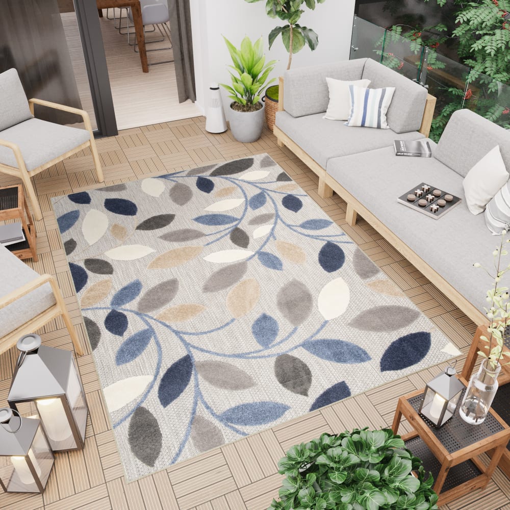 Alfombra interior exterior 3d azul beige gris crema hojas 120x170cm - Maisons du Monde