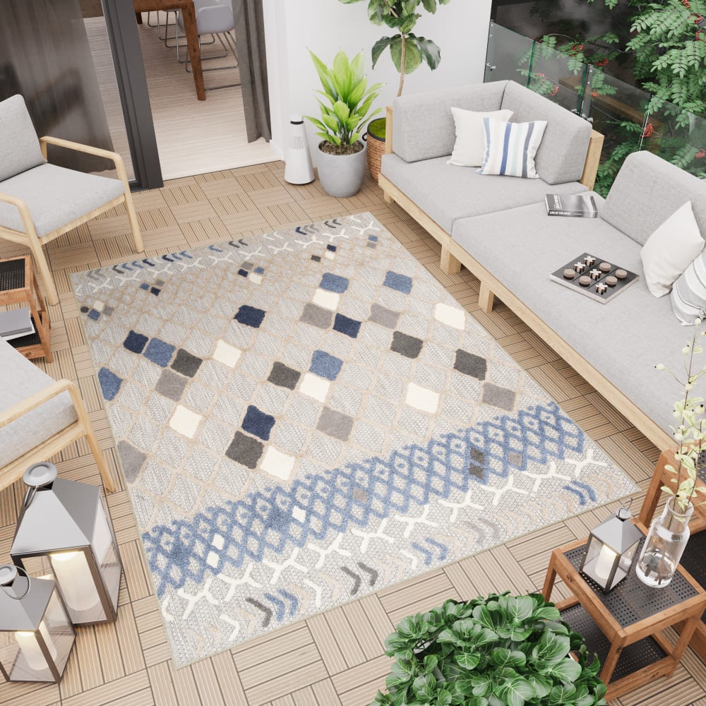 Tappeto interni esterni 3d blu beige gris chiaro crema 120x170cm