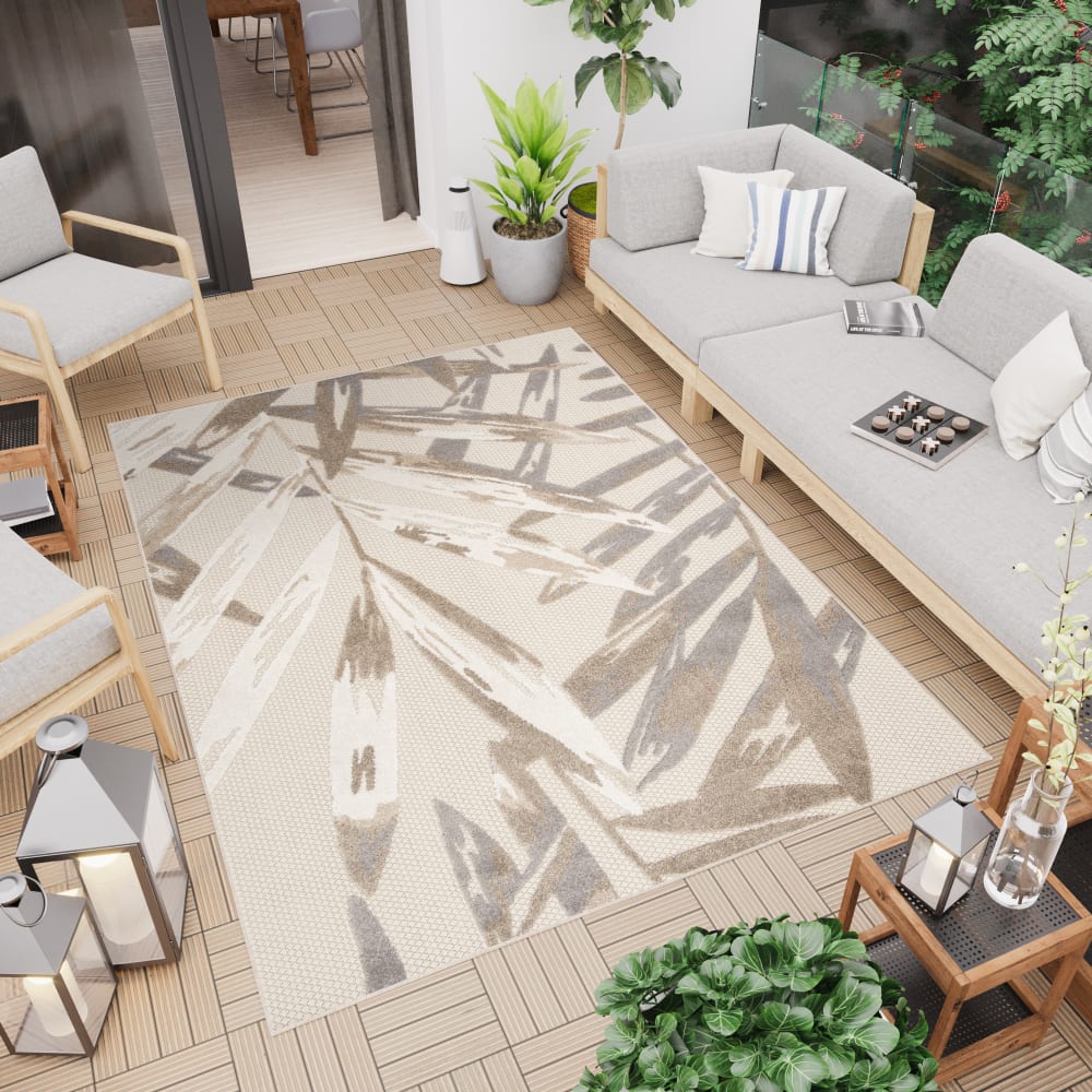 Alfombra interior exterior 3d beige crema gris marrón hojas 200x300cm - Maisons du Monde