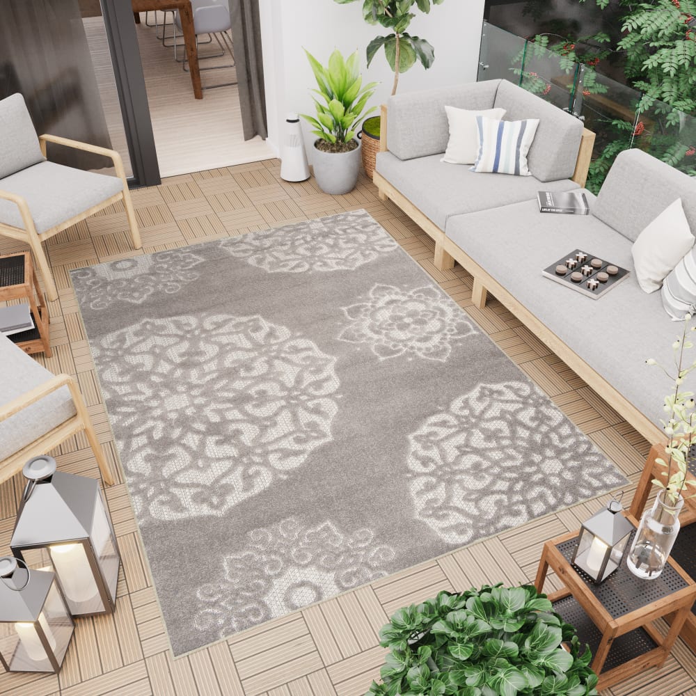 Tappeto interni esterni 3d beige gris oscuro fiori 120x170cm -