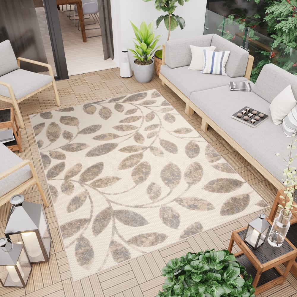Tappeto interni esterni 3d crema gris beige foglie 140x200cm -