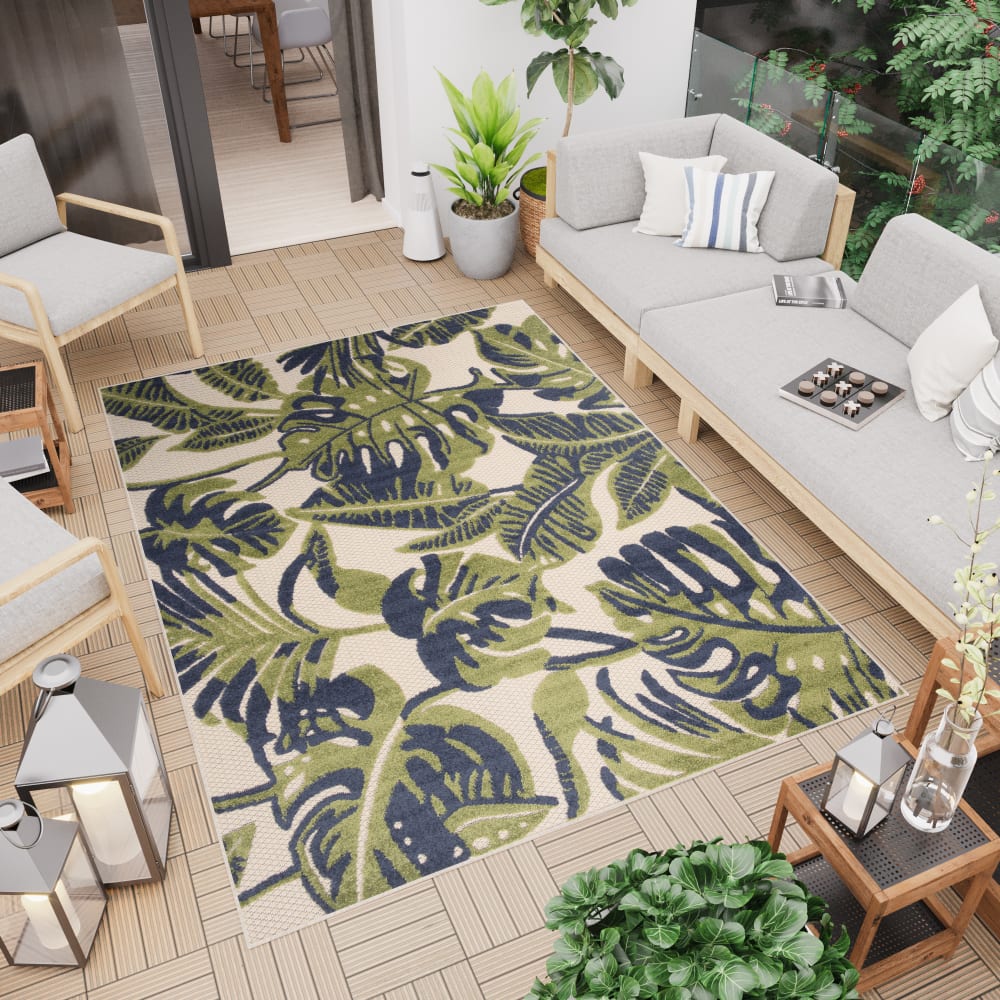 Tappeto interni esterni 3d verde crema nero foglie 120x170cm -