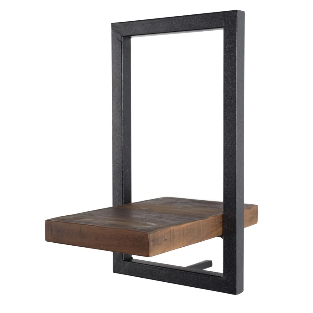 MACABANE Wandregal mit 1 Etage aus Teakholz und schwarzem Metall L20 style industrial Braun