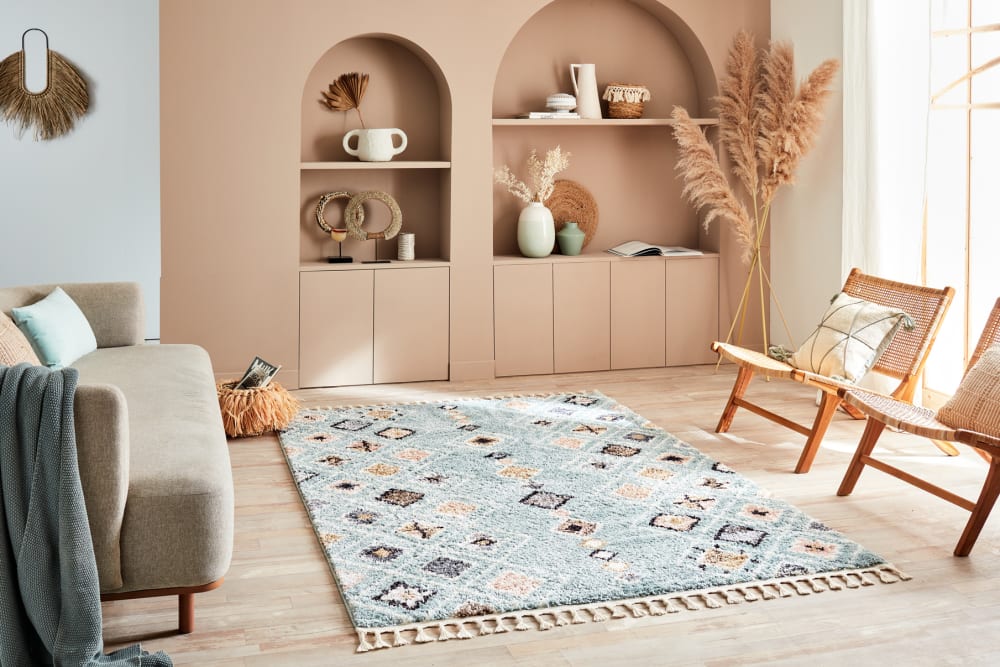 Tapis salon berbere turquoise 120x170 dessin ethnique — vue 3