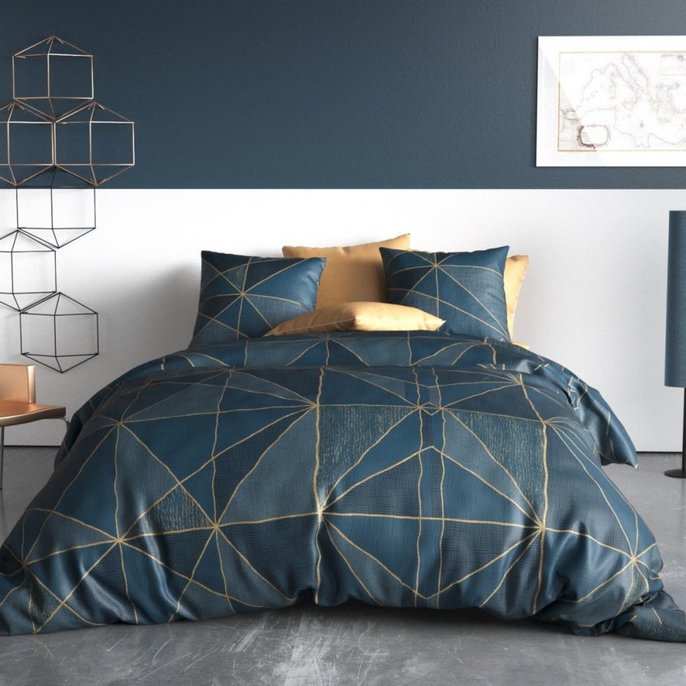 Atelier du coton Parure de couette 100% coton 57 fils imprimée 240x220 2 taies style classique chic Bleu