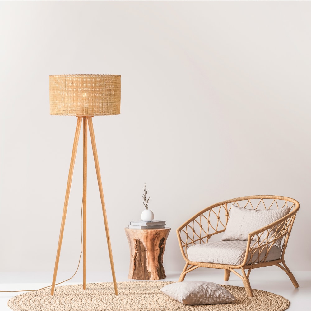 Lampadaire trépied en rotin naturel et bois (e27)