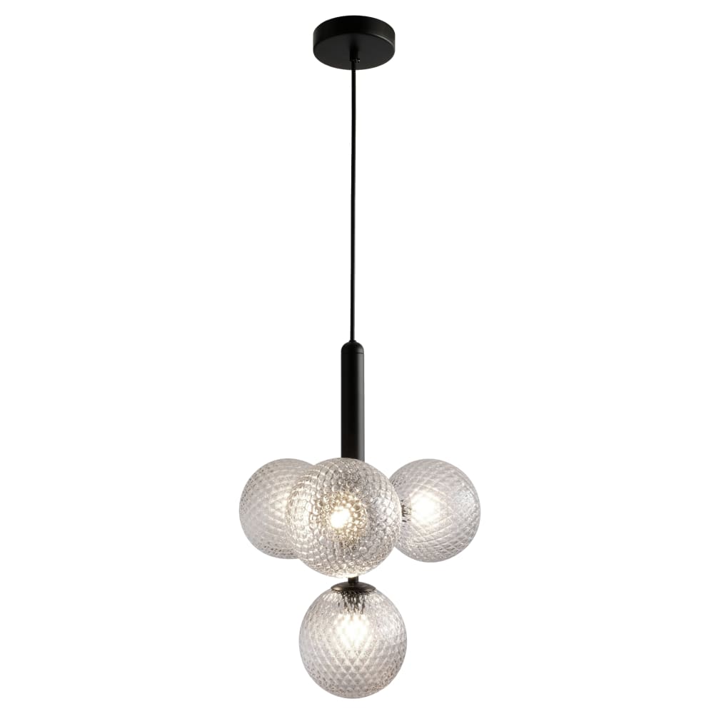 Suspension décorative 4 boules verre texturé et métal noir
