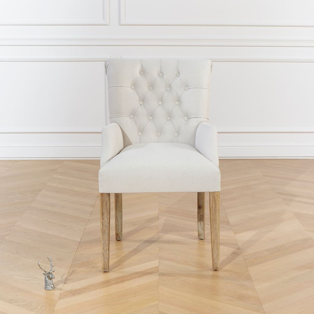 Fauteuil de table capitonné en hévéa et lin coton beige