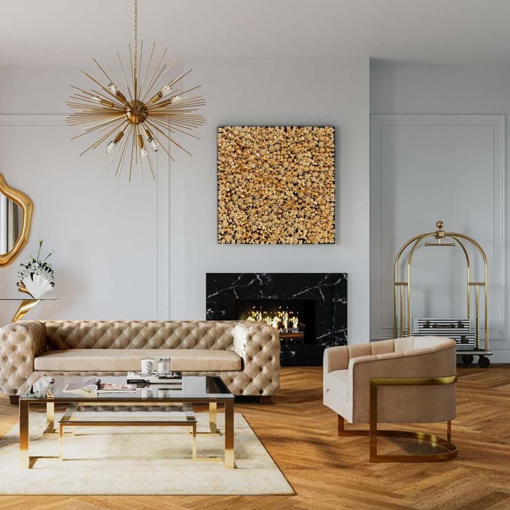 Tableau fleurs dorées en relief sous vitre 120x120