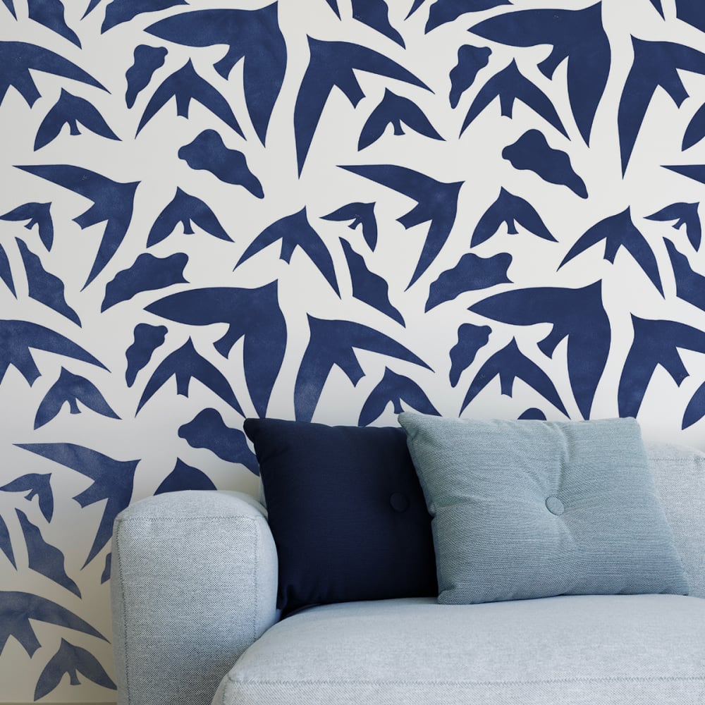Papel pintado panorámico de pájaros, azul 170 x 250cm