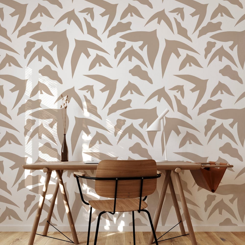 Papel pintado panorámico de pájaros, beige 170 x 250cm