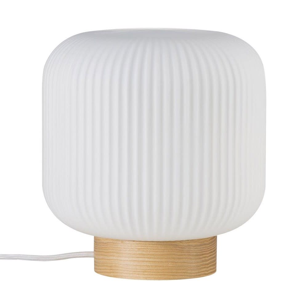 Lámpara de sobremesa con base de madera y tulipa de cristal
