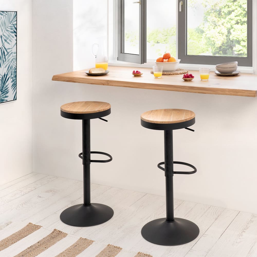 Taburete alto de cocina en olmo con patas de metal negro. - Maisons du Monde