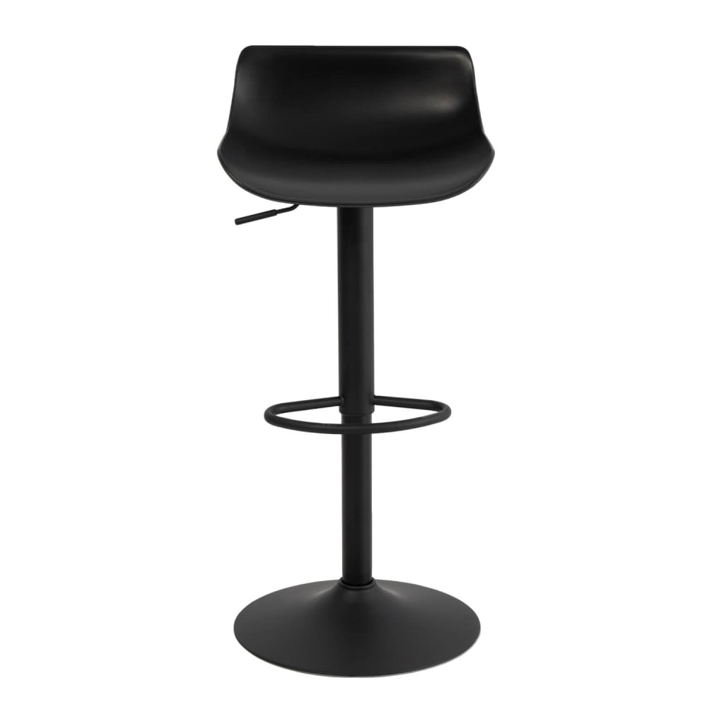 Taburete negro con asiento de polipropileno y patas de metal.