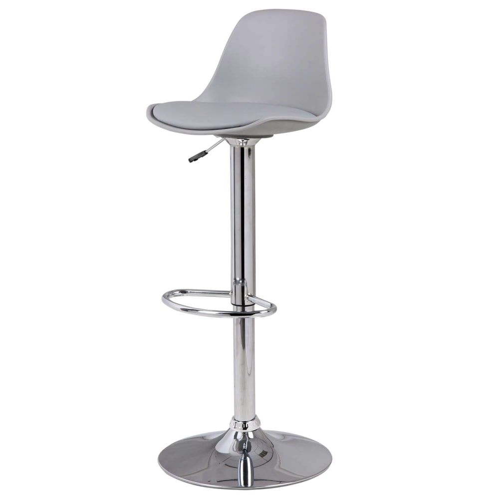 Tabouret de cuisine réglable avec pied central chromé et assise grise.