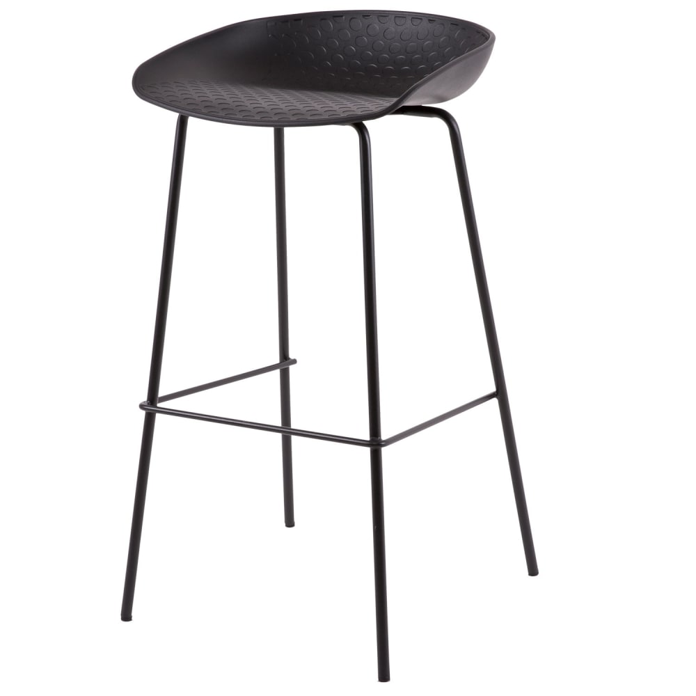 Taburete alto con asiento de polipropileno y patas de metal negro.