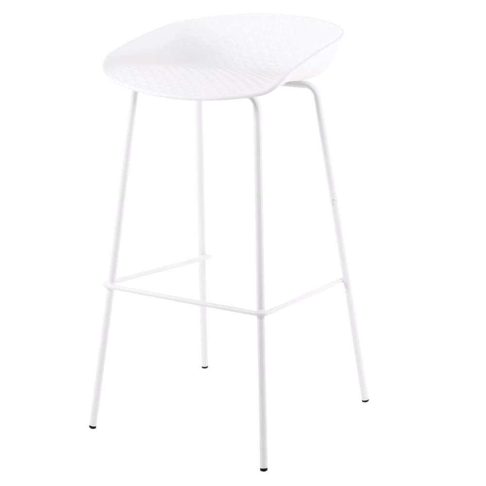 Taburete alto de cocina de polipropileno con patas de metal blanco.