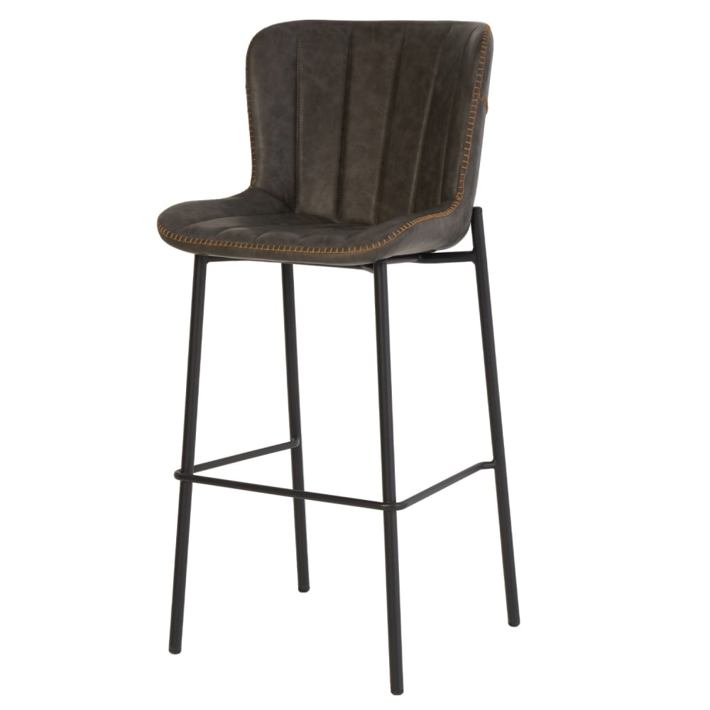 Taburete alto de efecto cuero sintético con patas de metal negro gris.