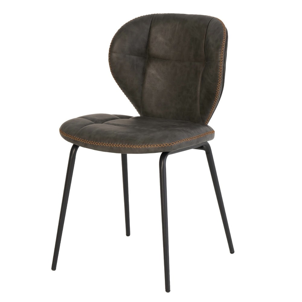 Silla de comedor con asiento de cuero sintético gris.