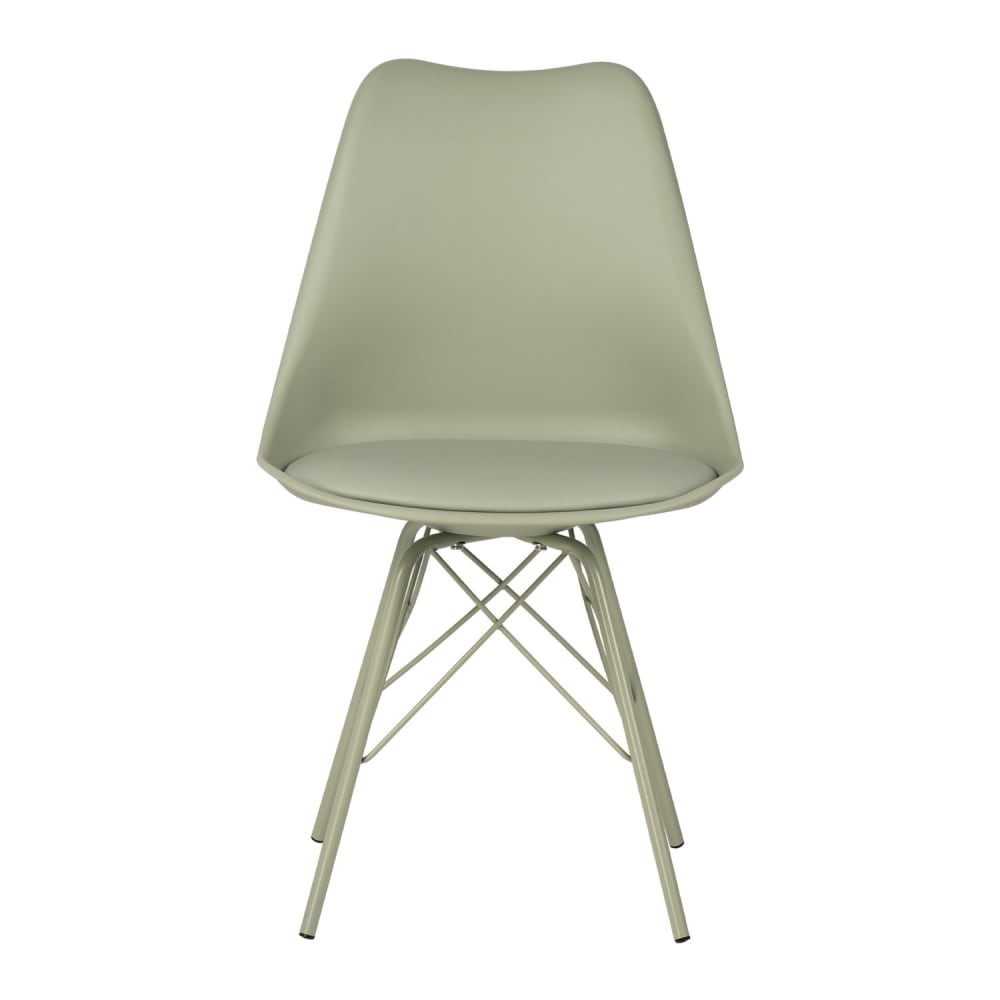 Silla con asiento en polipropileno color menta y patas de metal.