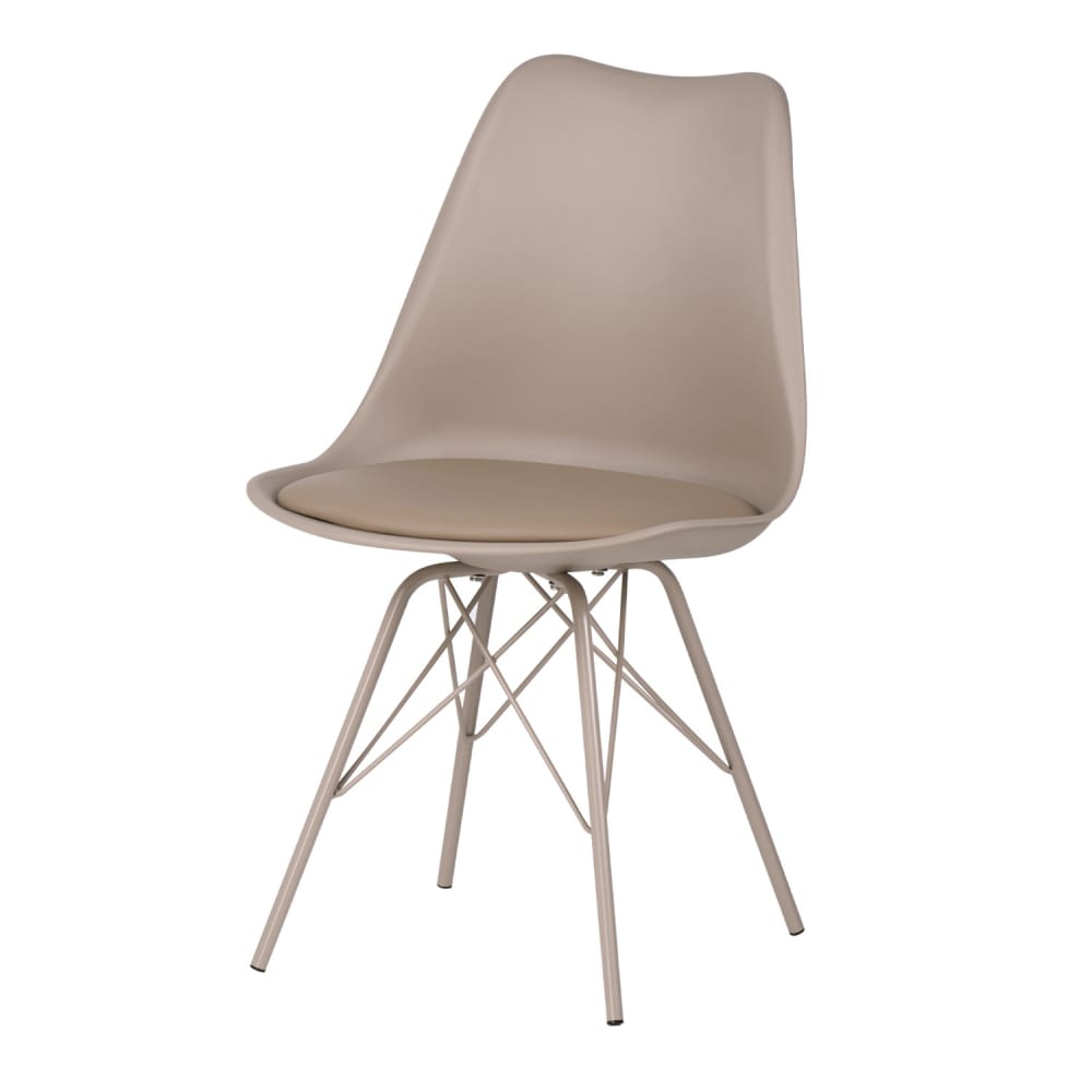 Silla con asiento en polipropileno beige y patas de metal.