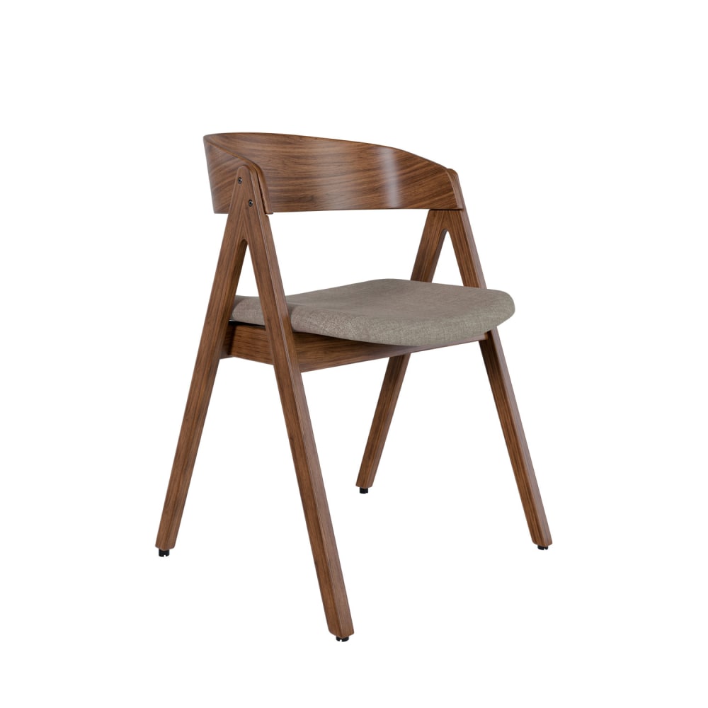 Silla de comedor con estructura de nogal y asiento gris.
