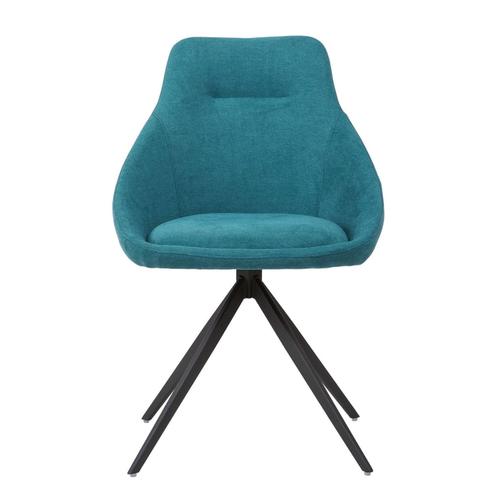 Silla de comedor giratoria plegable con patas negras y tapizado azul.