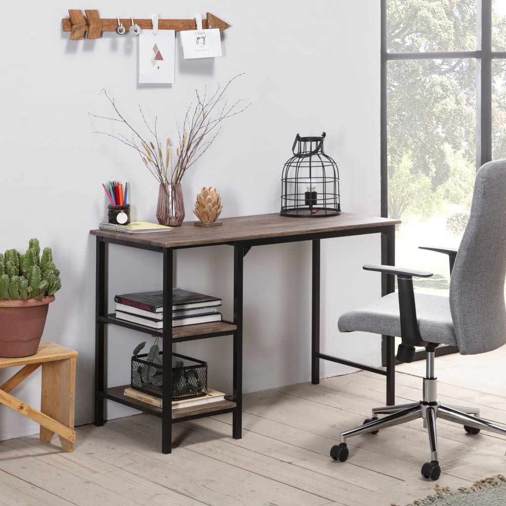 Bureau noir, 2 étagères, style industriel, 110x55x76 cm